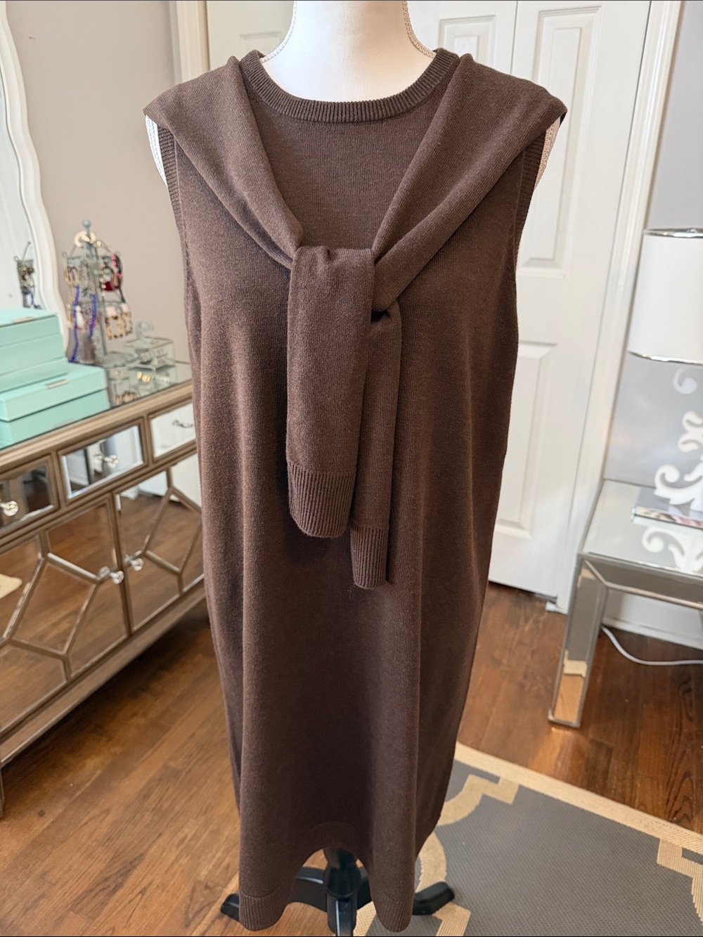 MSK Polished Sleeveless Knit Shift Dress w/ Tie & Boatneck Back Collar - Brown L